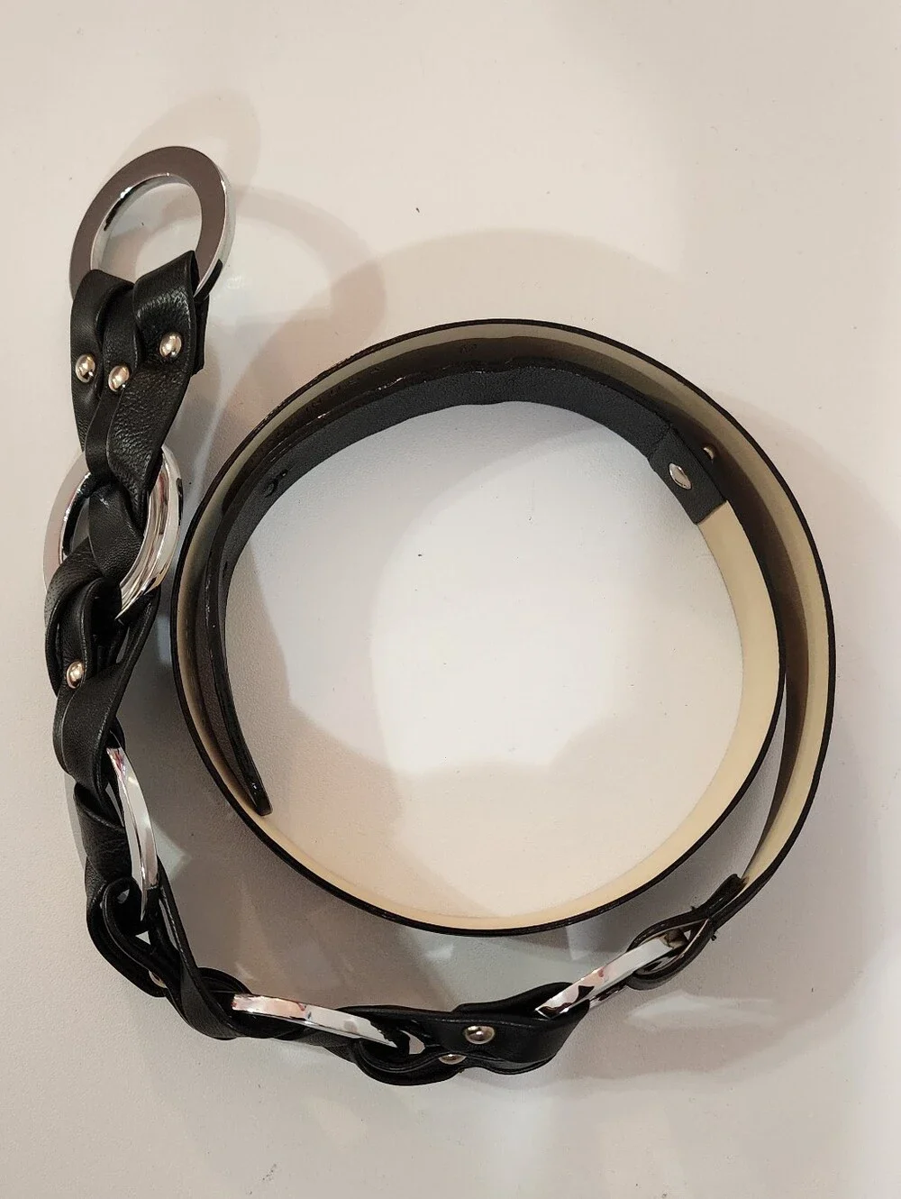 Worth Black Interwoven Leather Belt with Silver Rings